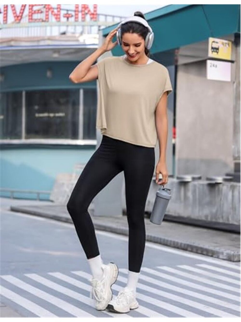 Beige Open Back Cropped Workout Top Oversized Yoga Gym Tee - Picture 6 of 6